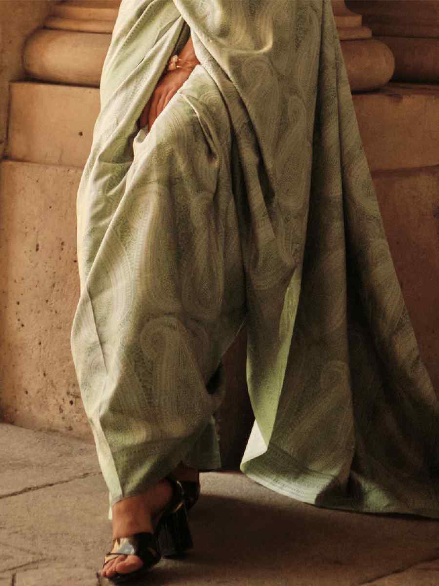 Sage Green Satin Silk Handwoven Party Festival Classic Style Saree