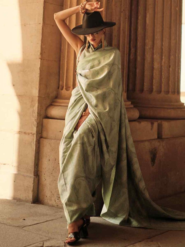 Sage Green Satin Silk Handwoven Party Festival Classic Style Saree