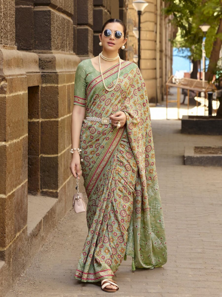Image of Sage Green Silk Printed Wedding Reception Party Festival Casual Heavy Border Sarees