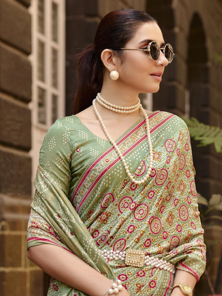 Sage Green Silk Printed Wedding Reception Party Festival Casual Heavy Border Sarees