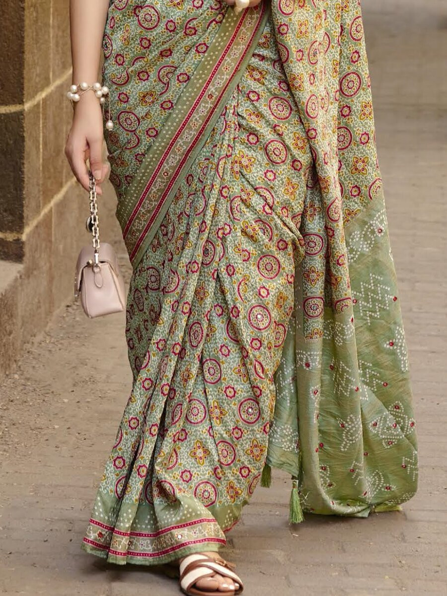 Sage Green Silk Printed Wedding Reception Party Festival Casual Heavy Border Sarees