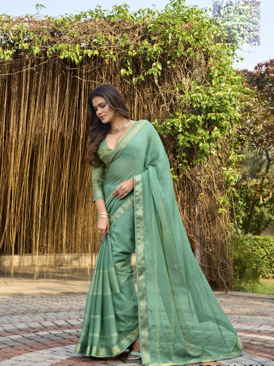 Sage Green Silk Printed Wedding Reception Party Festival Casual Heavy Border Sarees