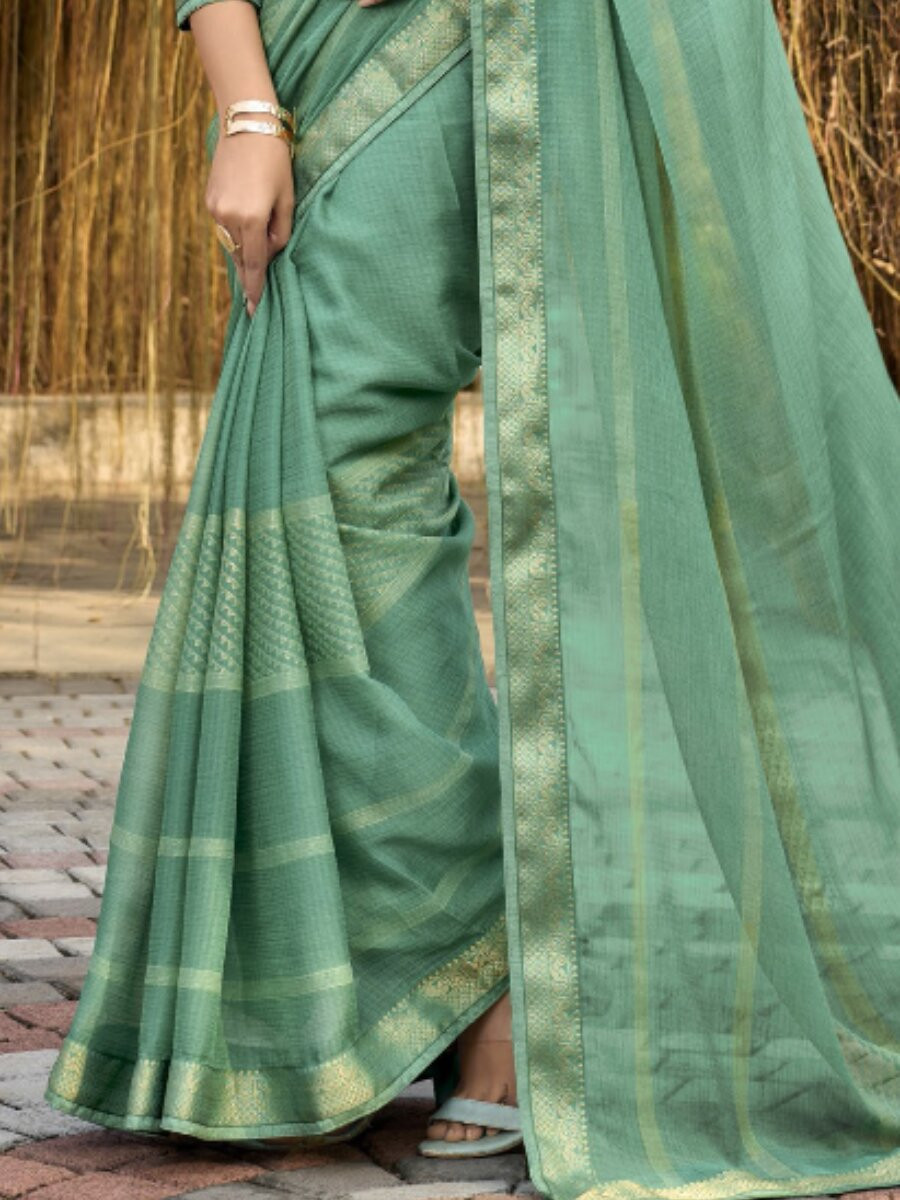 Sage Green Silk Printed Wedding Reception Party Festival Casual Heavy Border Sarees