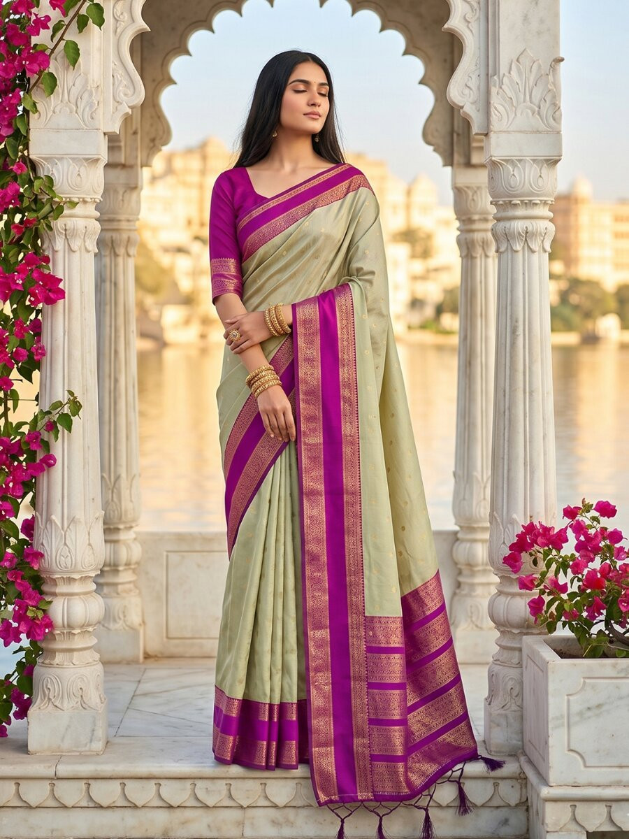 Sage Green Soft Silk Zari Weaving Wedding Reception Party Festival Casual Heavy Border Sarees