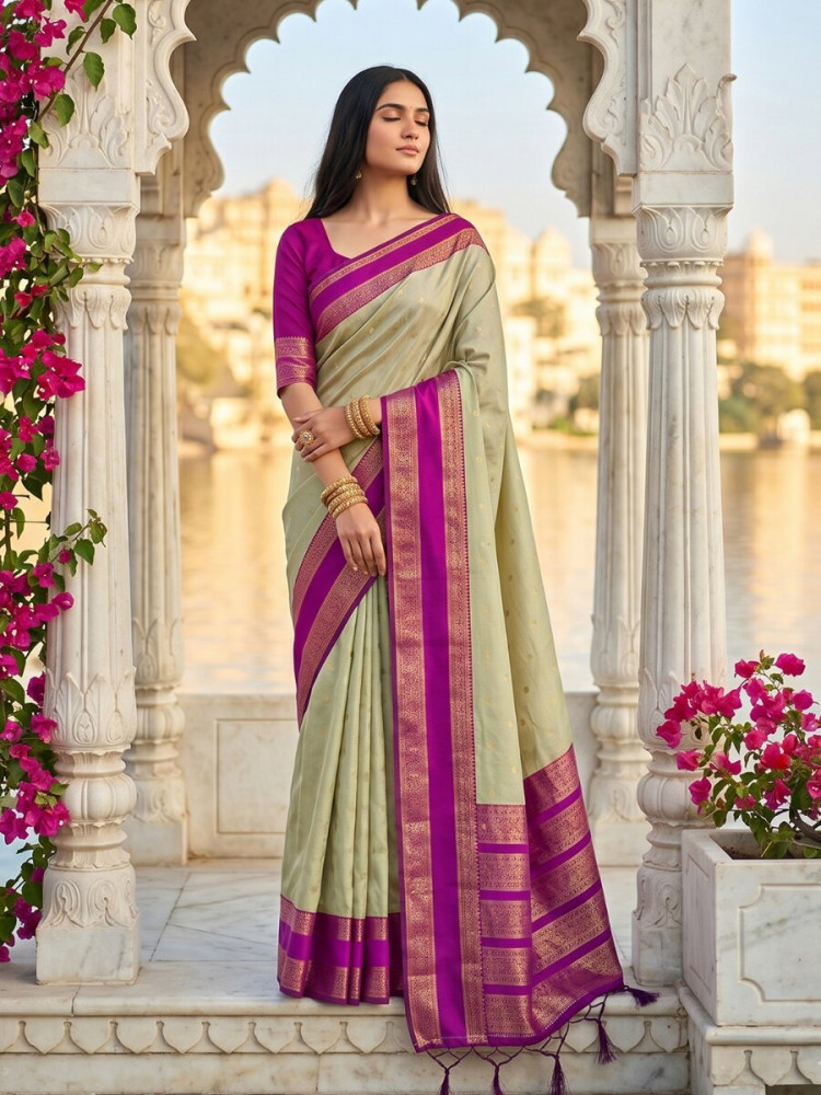 Image of Sage Green Soft Silk Zari Weaving Wedding Reception Party Festival Casual Heavy Border Sarees