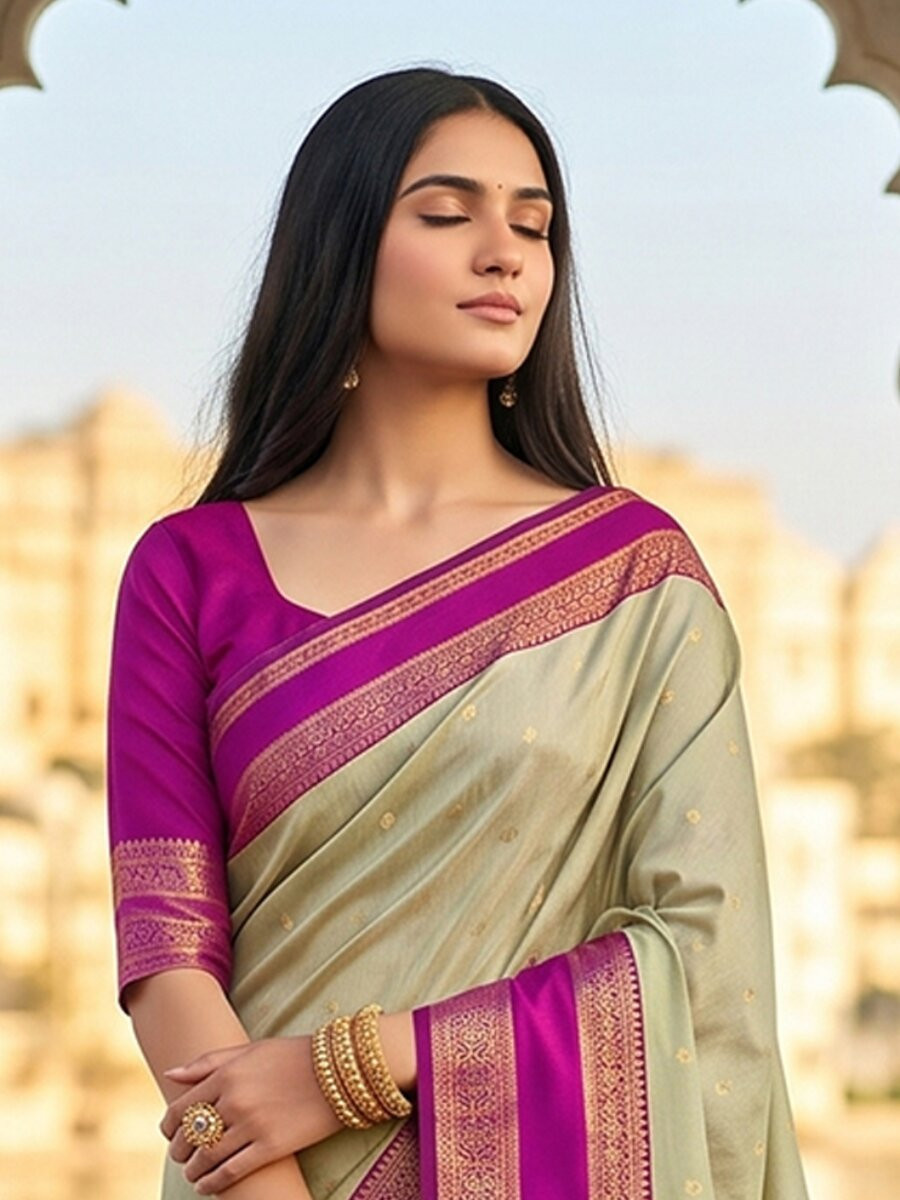 Sage Green Soft Silk Zari Weaving Wedding Reception Party Festival Casual Heavy Border Sarees