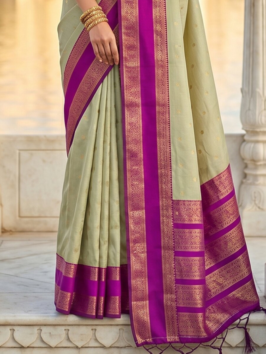 Sage Green Soft Silk Zari Weaving Wedding Reception Party Festival Casual Heavy Border Sarees