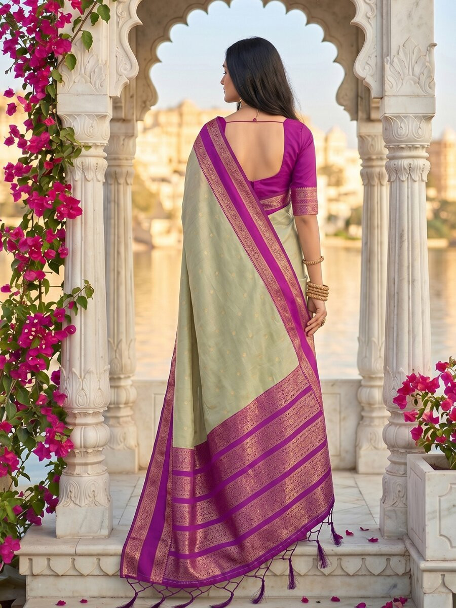 Sage Green Soft Silk Zari Weaving Wedding Reception Party Festival Casual Heavy Border Sarees
