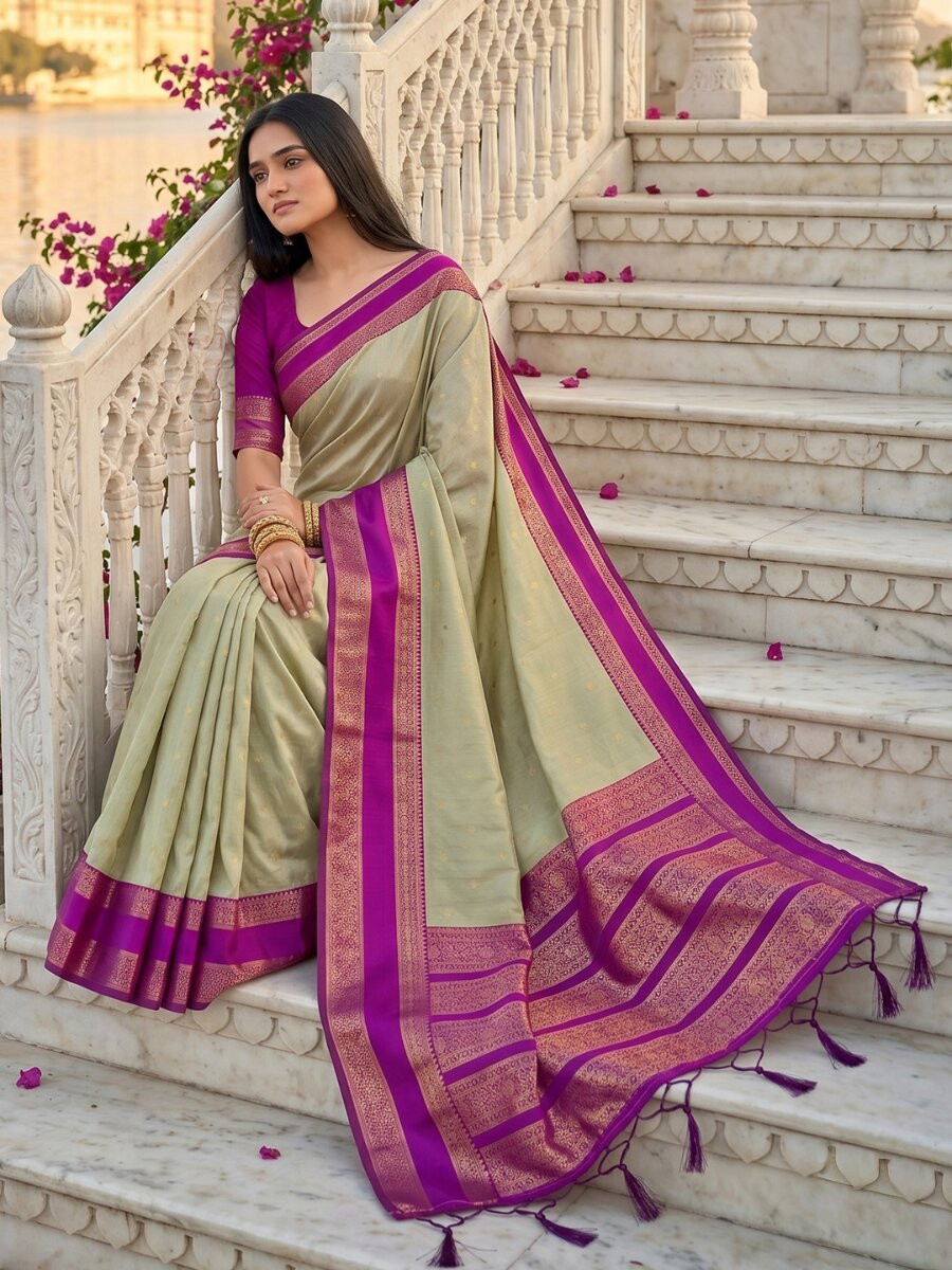 Sage Green Soft Silk Zari Weaving Wedding Reception Party Festival Casual Heavy Border Sarees