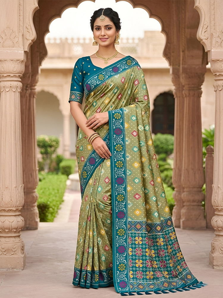 Image of Sage Green Soft Silk Zari Weawing Meenakari Patola Design Wedding Reception Party Festival Casual Heavy Border Sarees