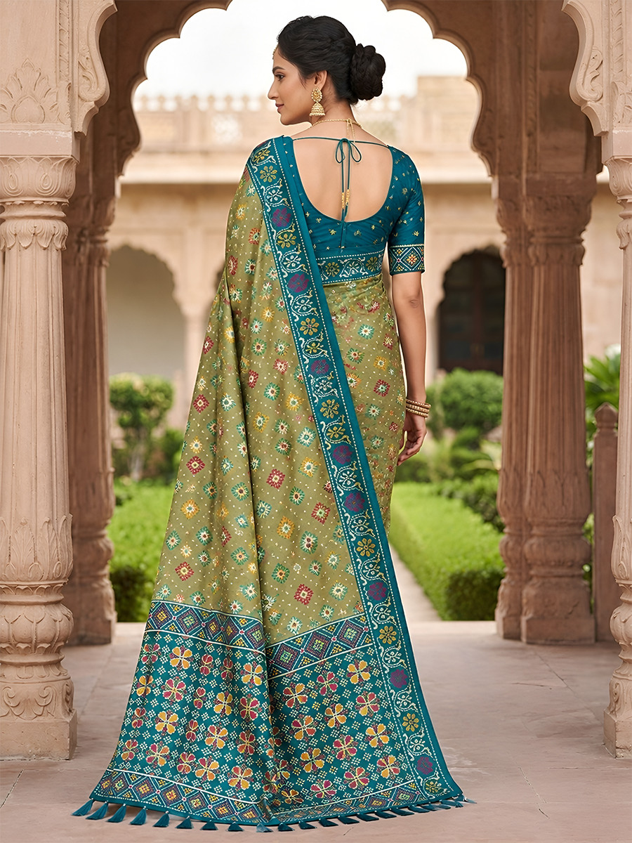 Sage Green Soft Silk Zari Weawing Meenakari Patola Design Wedding Reception Party Festival Casual Heavy Border Sarees