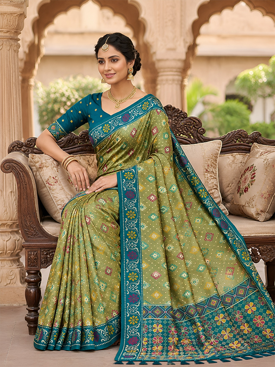 Sage Green Soft Silk Zari Weawing Meenakari Patola Design Wedding Reception Party Festival Casual Heavy Border Sarees
