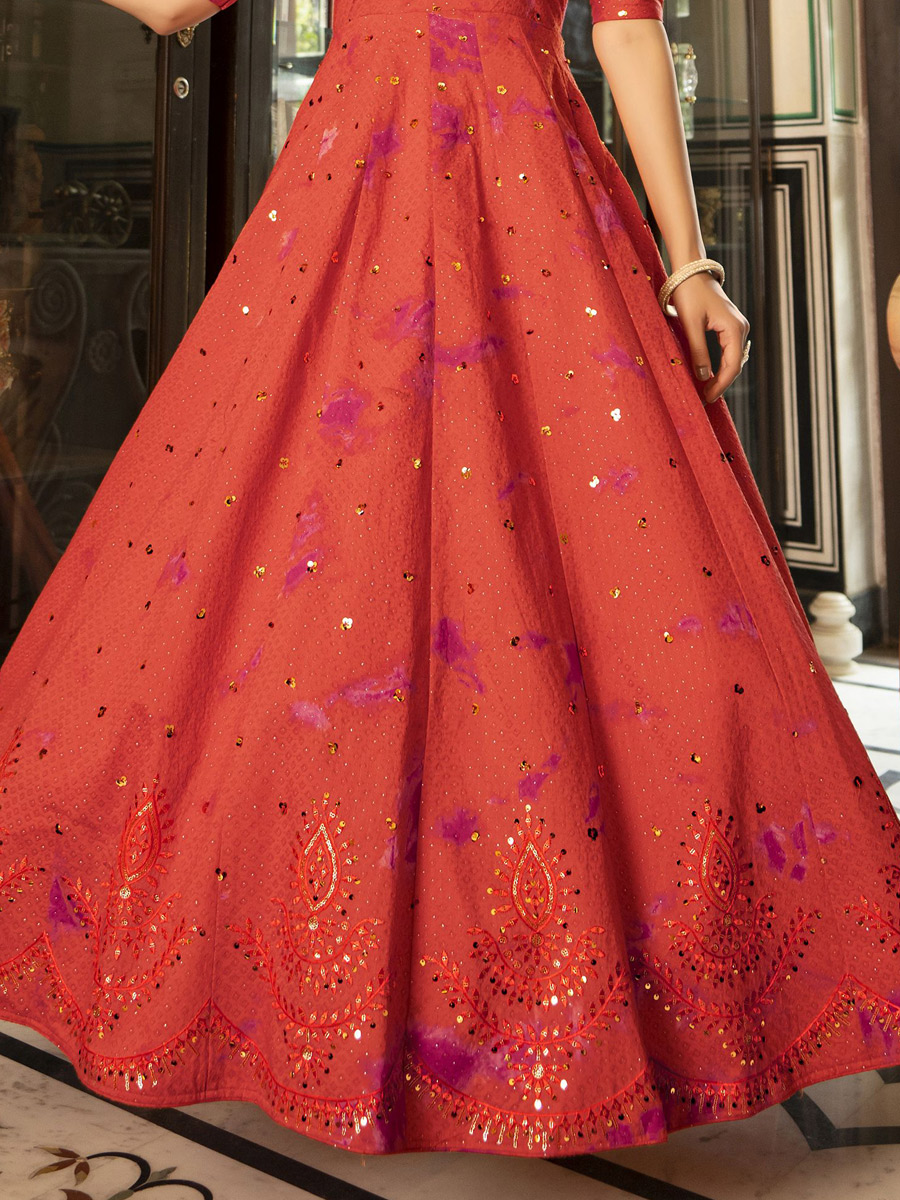 Salmon Orange Cotton Embroidered Party Gown