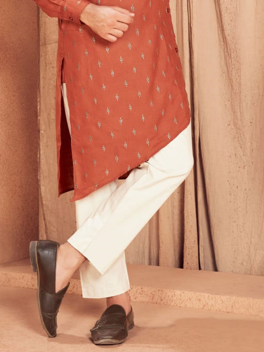 Salmon Orange Cotton Embroidered Party Kurta