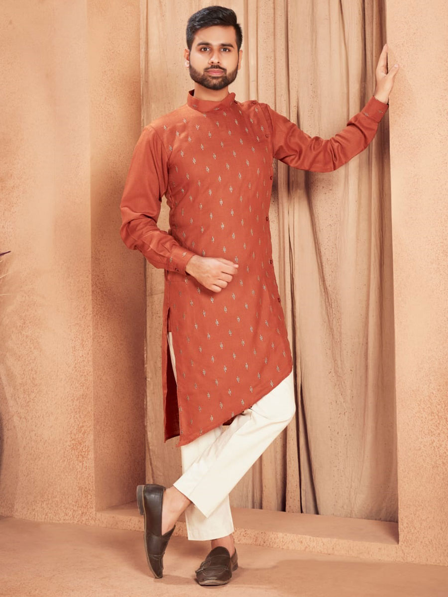 Salmon Orange Cotton Embroidered Party Kurta