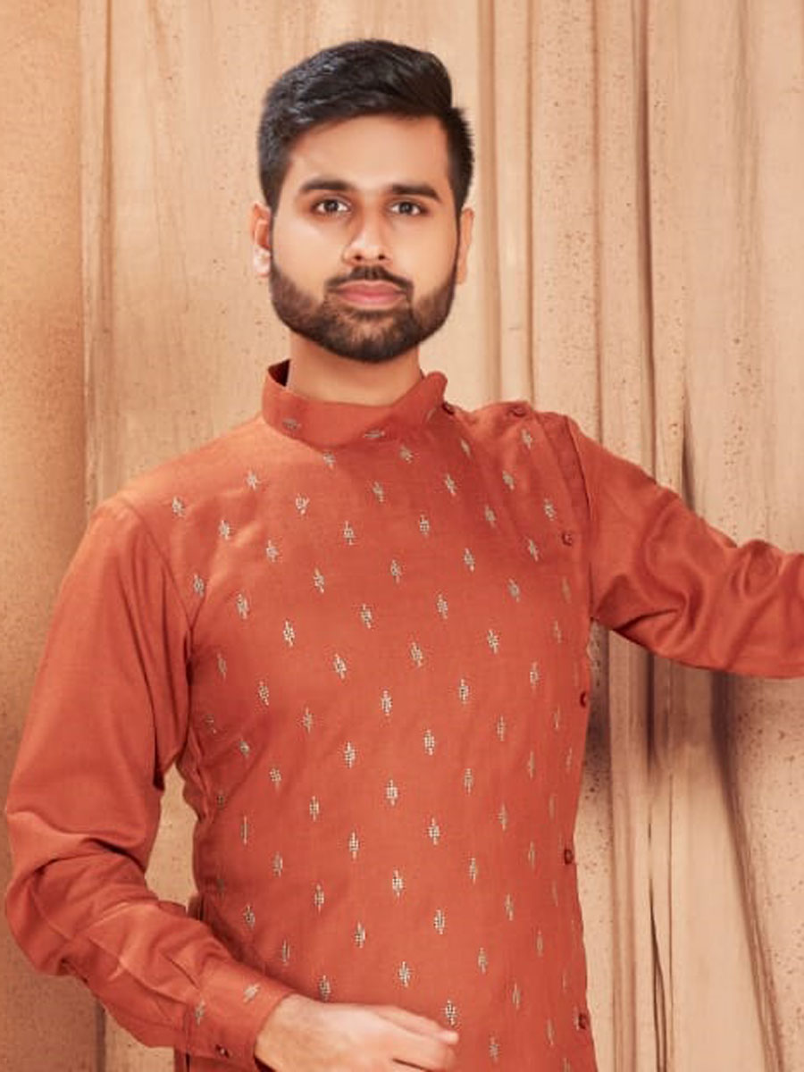 Salmon Orange Cotton Embroidered Party Kurta