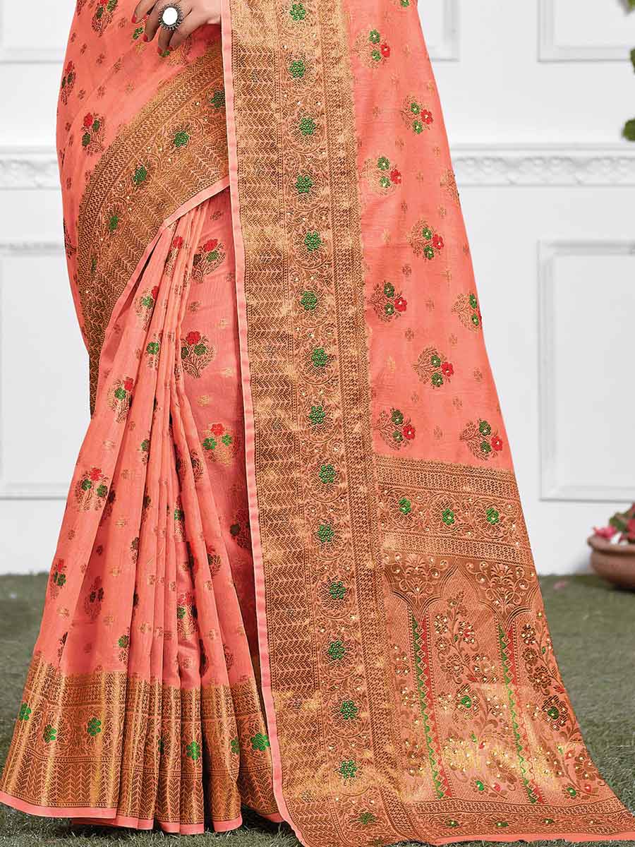 Salmon Orange Cotton Handwoven Festival Saree