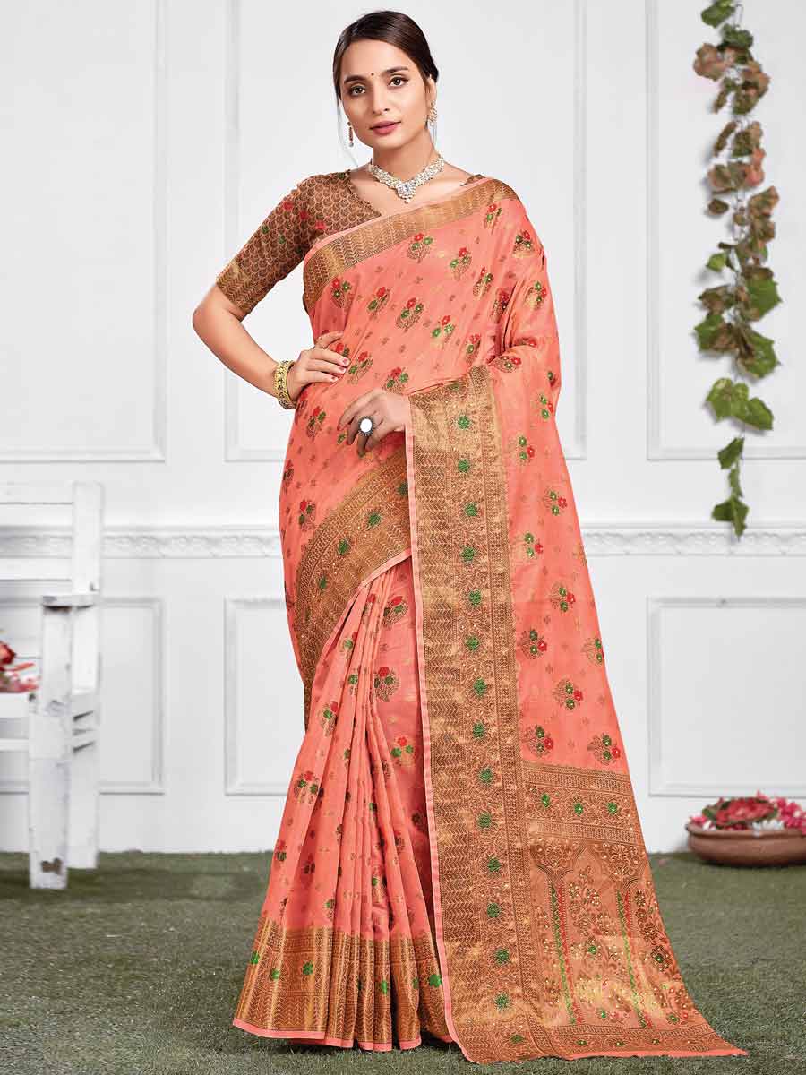 Salmon Orange Cotton Handwoven Festival Saree
