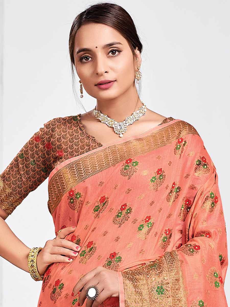 Salmon Orange Cotton Handwoven Festival Saree