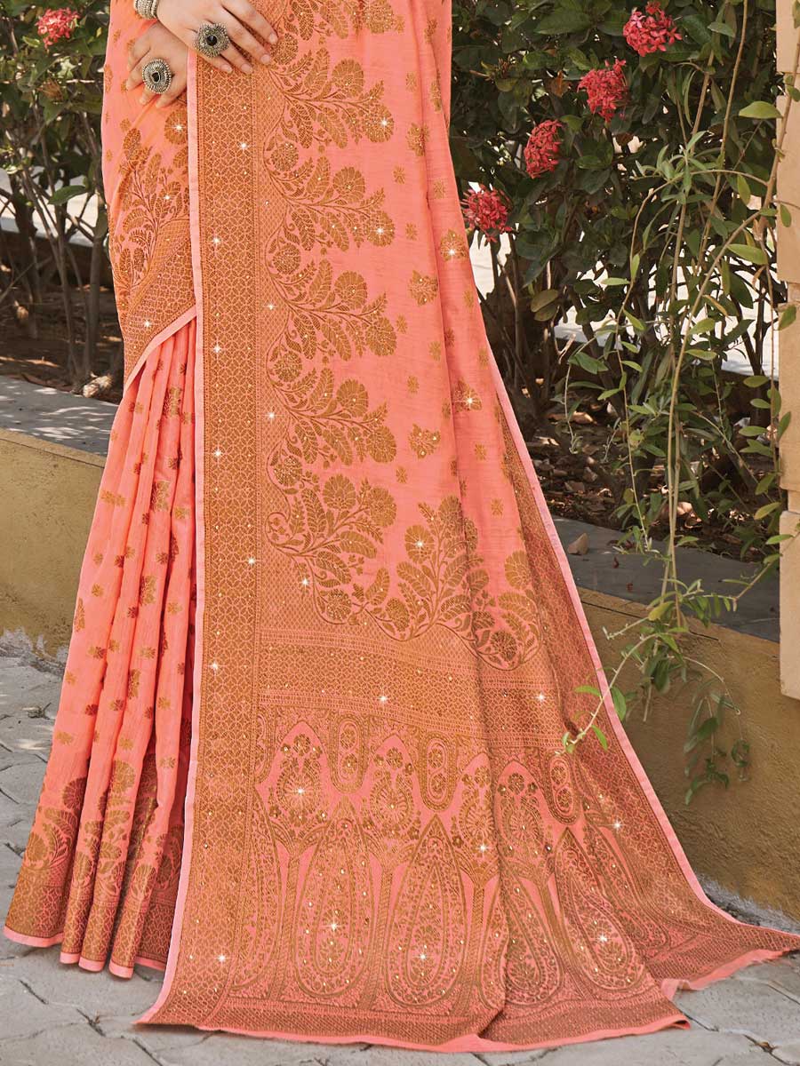 Salmon Orange Cotton Handwoven Party Saree