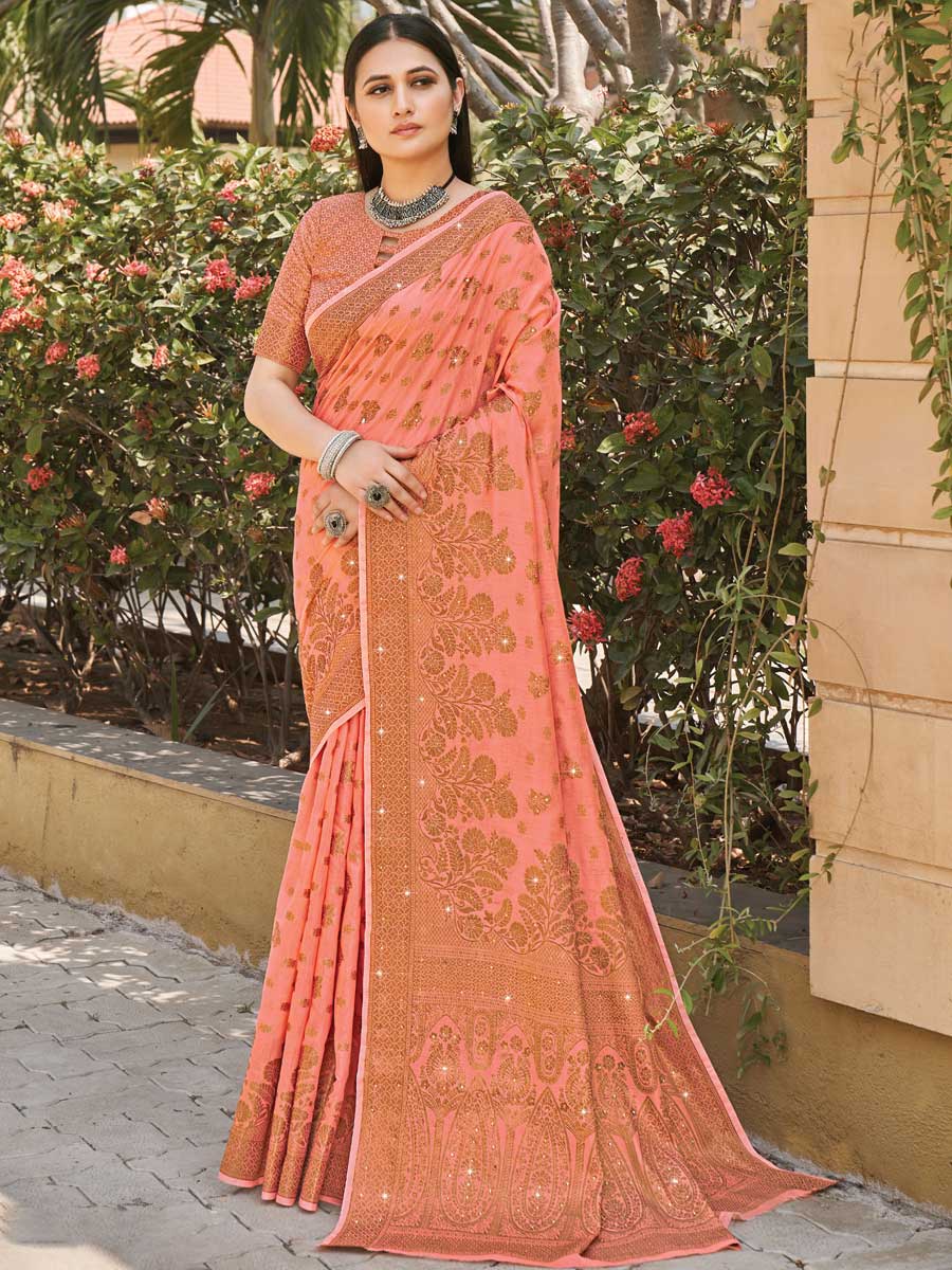 Salmon Orange Cotton Handwoven Party Saree