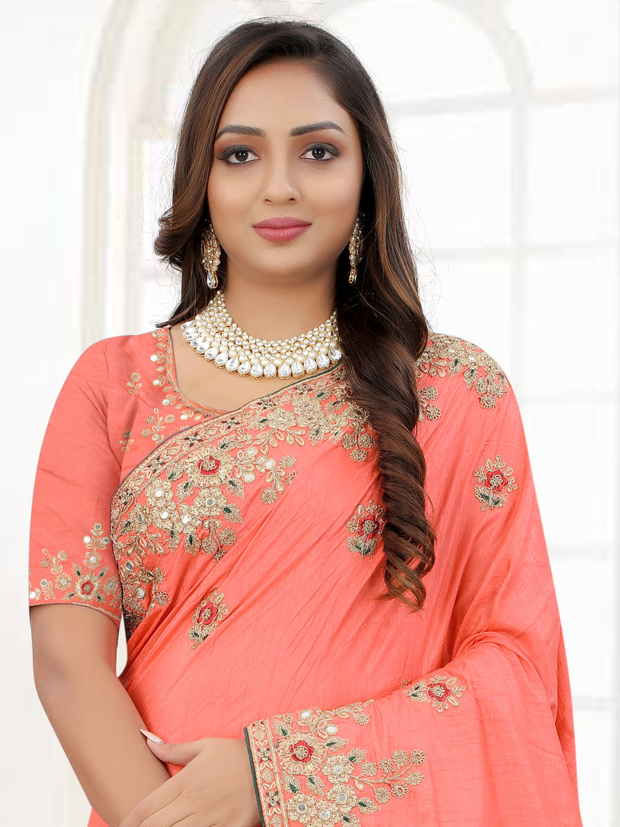 Salmon Orange Dola Silk Embroidered Party Saree