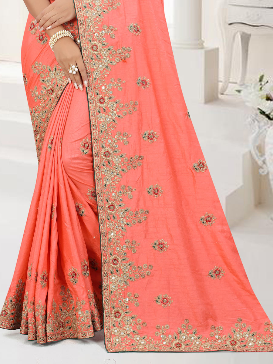 Salmon Orange Dola Silk Embroidered Party Saree