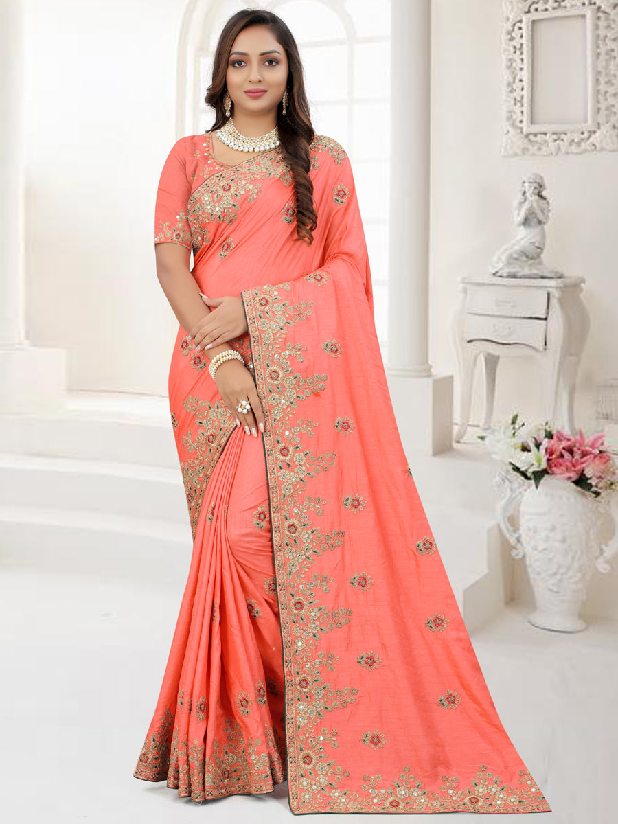 Salmon Orange Dola Silk Embroidered Party Saree