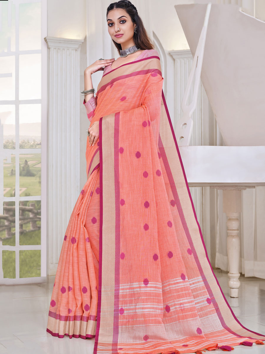 Salmon Orange Linen Handwoven Festival Saree