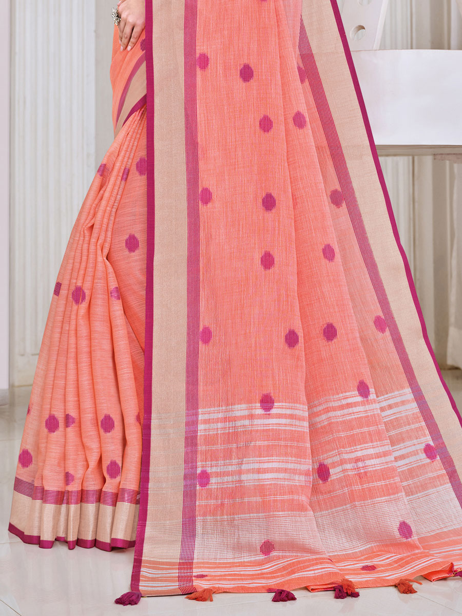 Salmon Orange Linen Handwoven Festival Saree