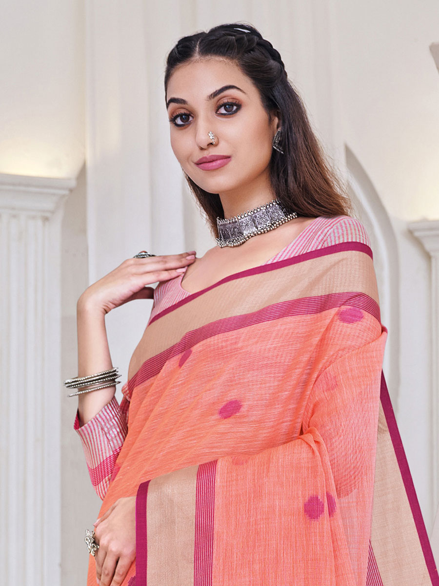 Salmon Orange Linen Handwoven Festival Saree