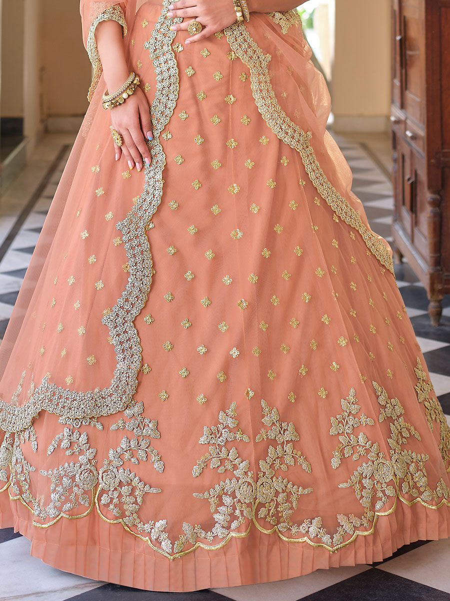 Salmon Orange Net Embroidered Bridal Lehenga Choli