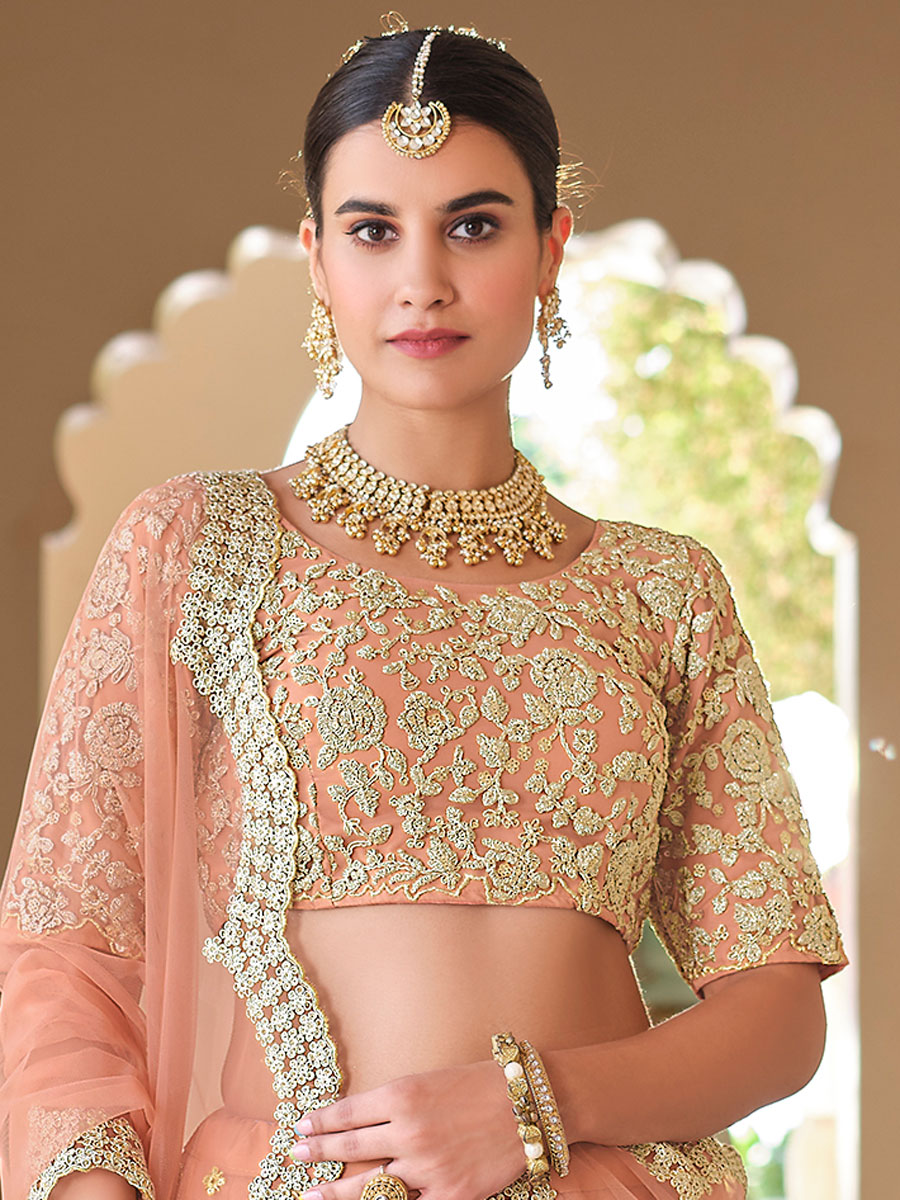 Salmon Orange Net Embroidered Bridal Lehenga Choli