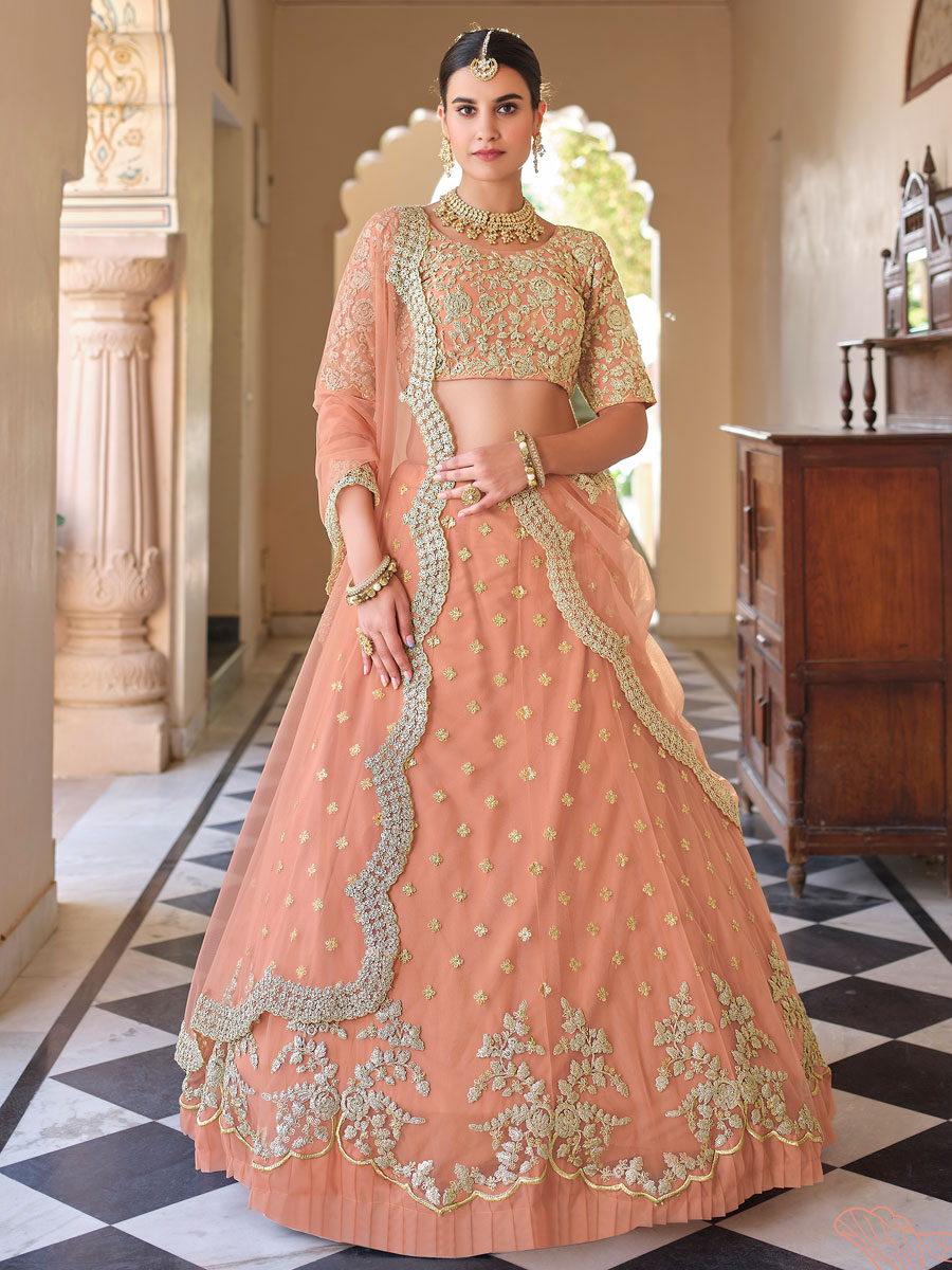 Salmon Orange Net Embroidered Bridal Lehenga Choli