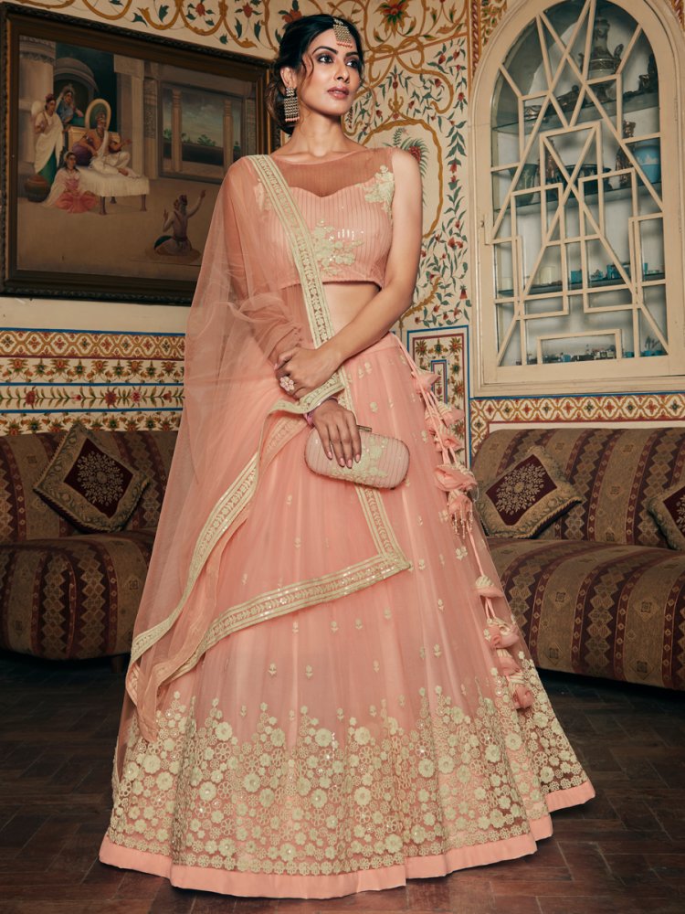 Salmon Orange Net Embroidered Party Lehenga Choli