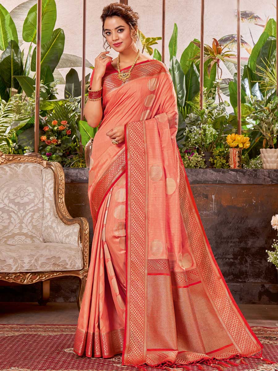 Salmon Orange Silk Handwoven Festival Saree