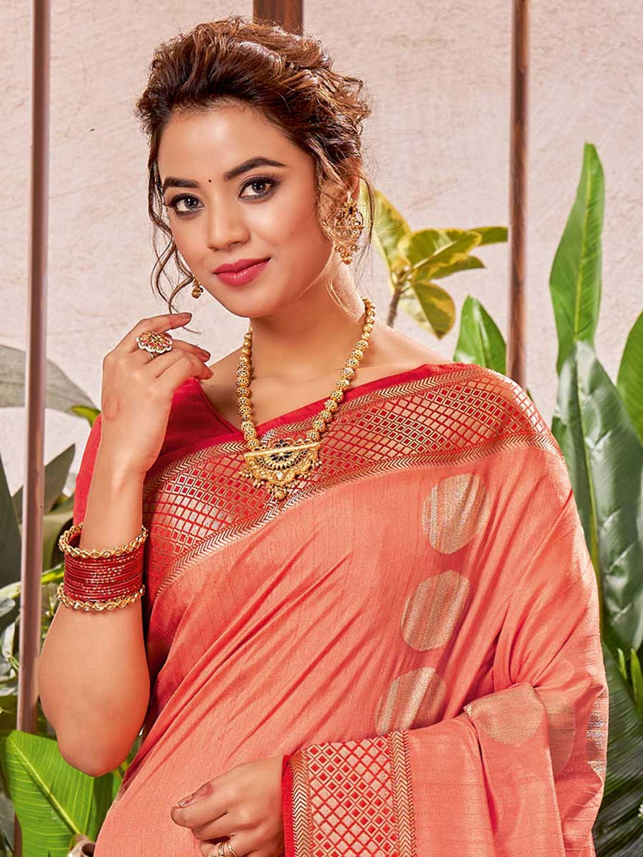 Salmon Orange Silk Handwoven Festival Saree