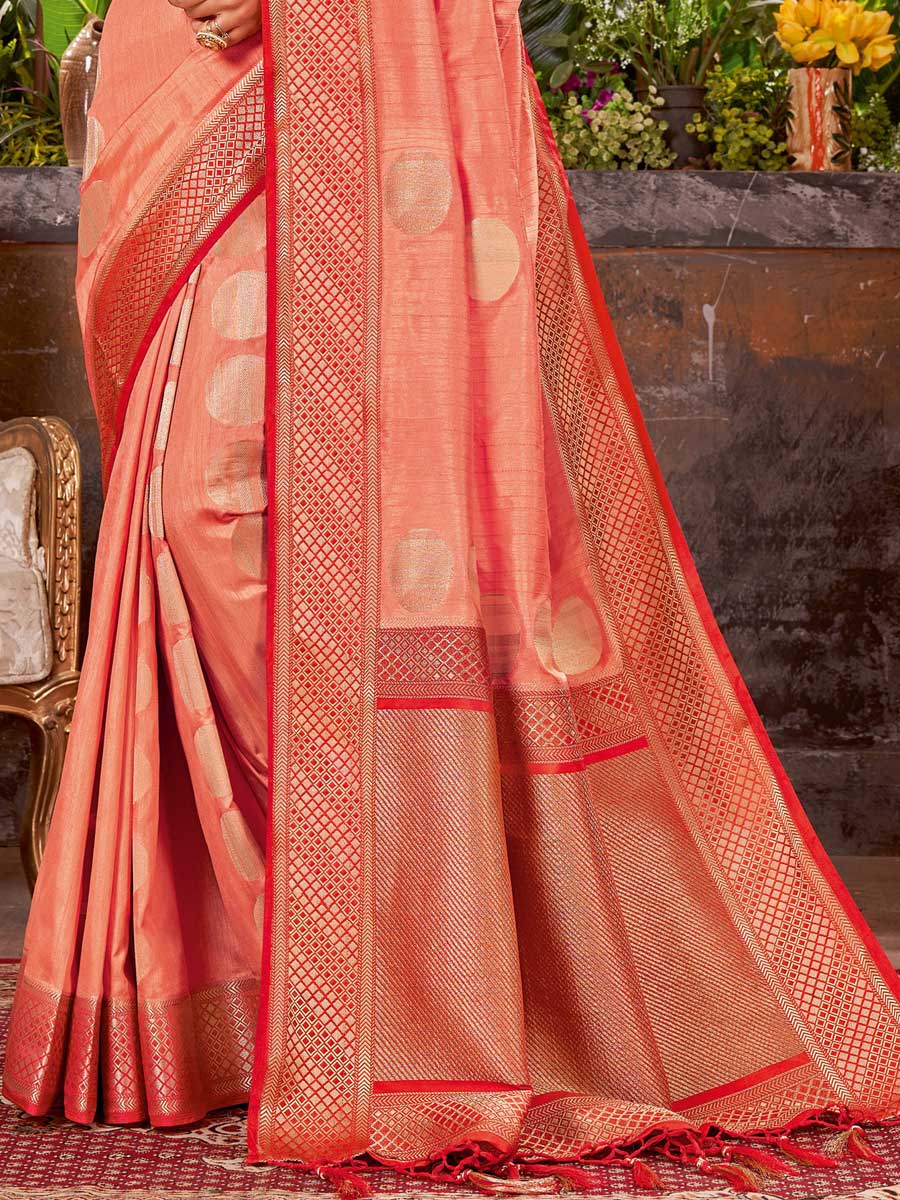 Salmon Orange Silk Handwoven Festival Saree