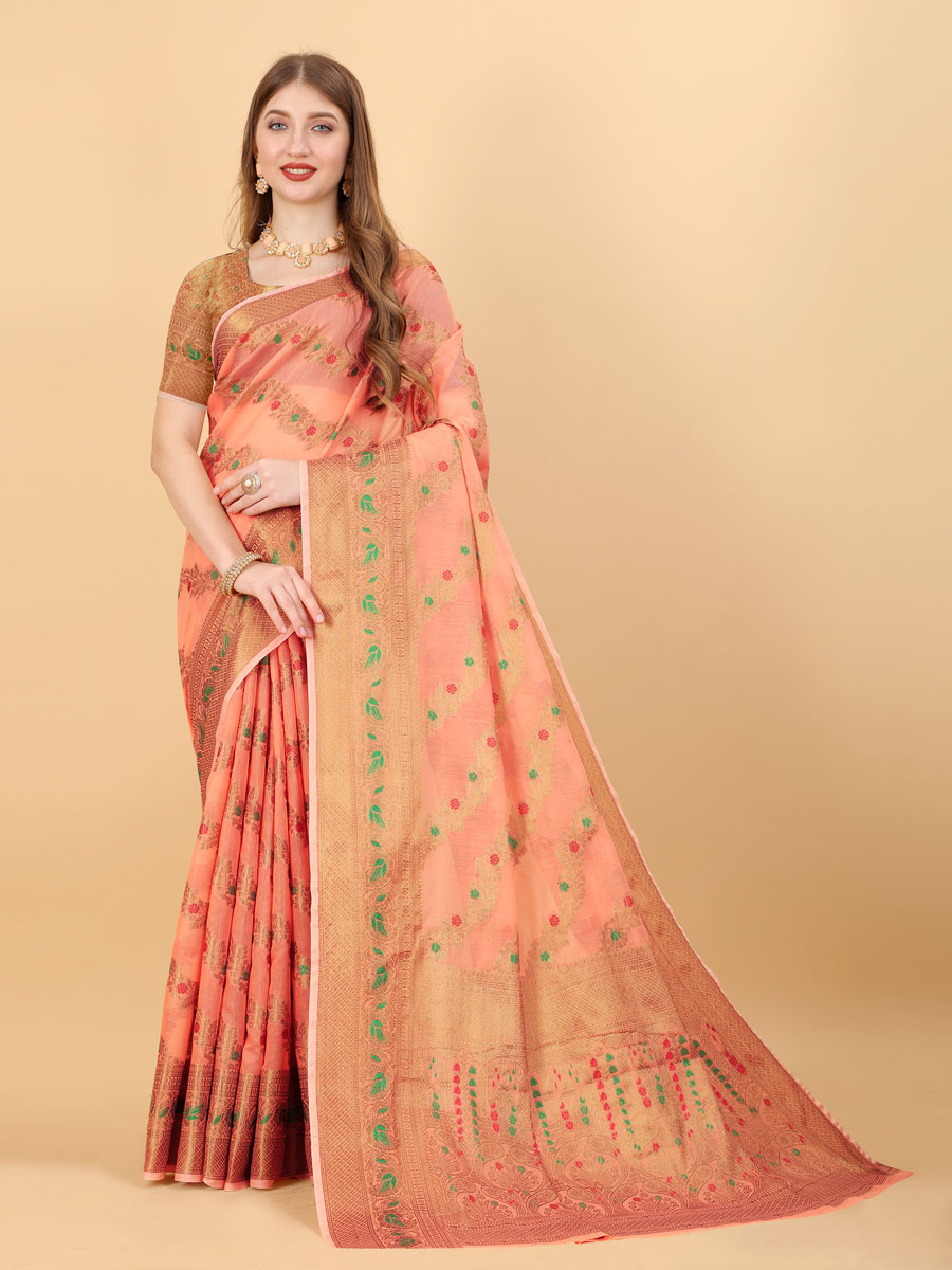 Salmon Orange Soft Cotton Silk Handwoven Party Saree