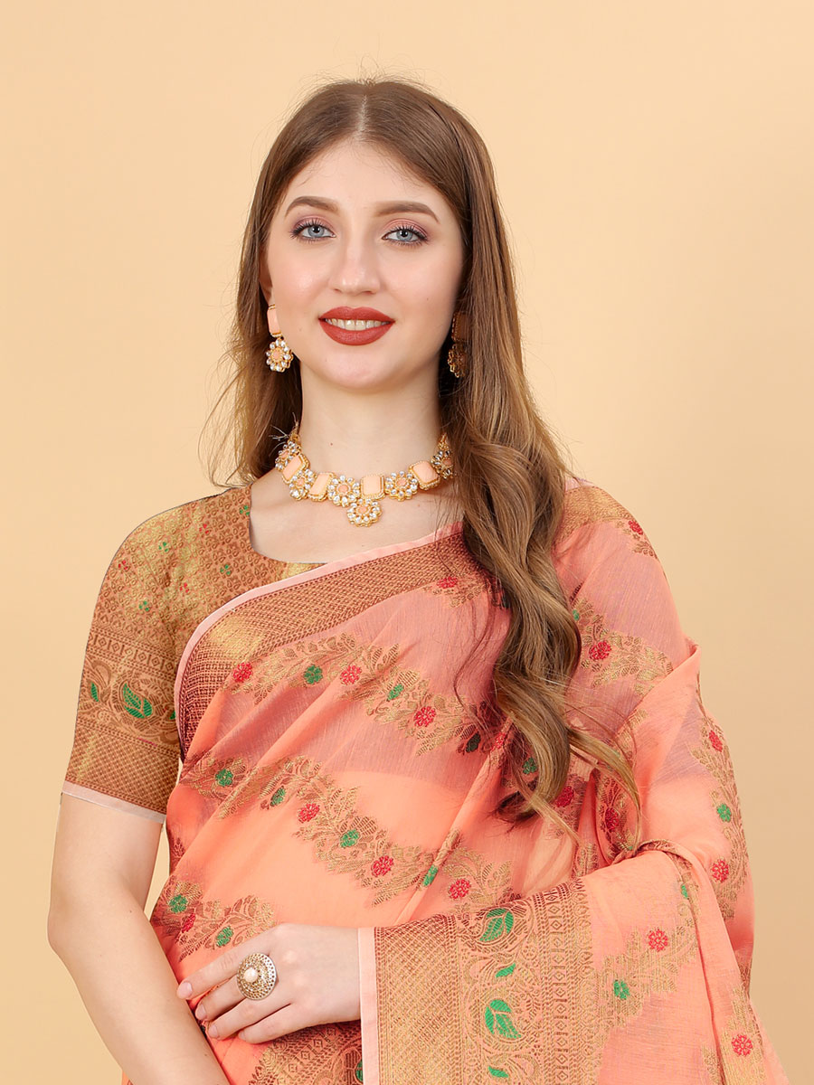 Salmon Orange Soft Cotton Silk Handwoven Party Saree