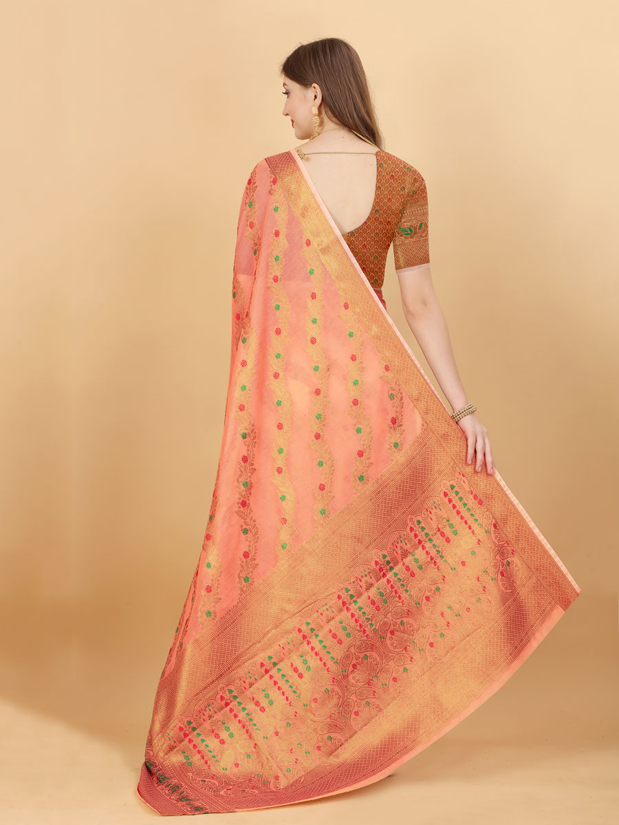 Salmon Orange Soft Cotton Silk Handwoven Party Saree