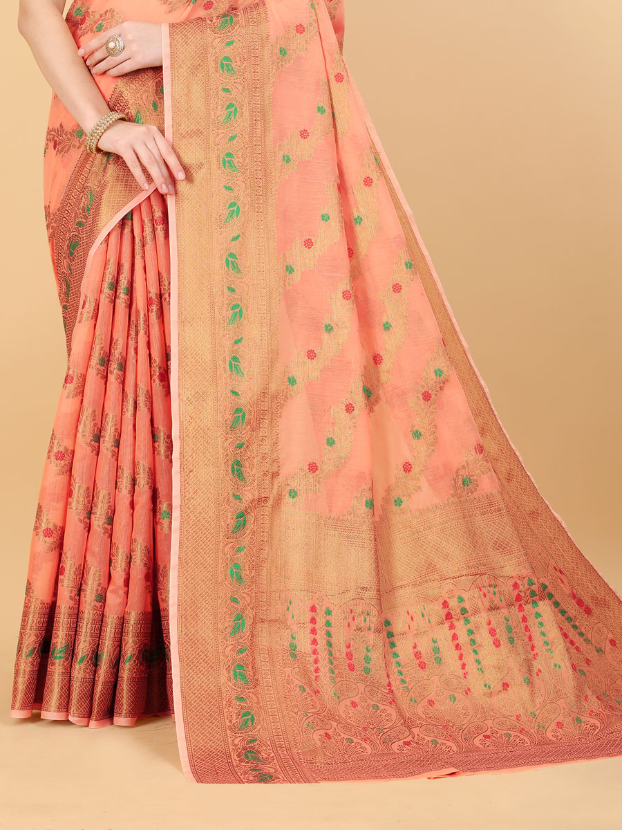 Salmon Orange Soft Cotton Silk Handwoven Party Saree