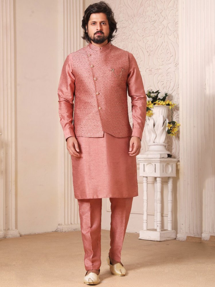 Salmon Pink Banarasi Silk Wedding And Festival Plain Kurta with Waistcoat