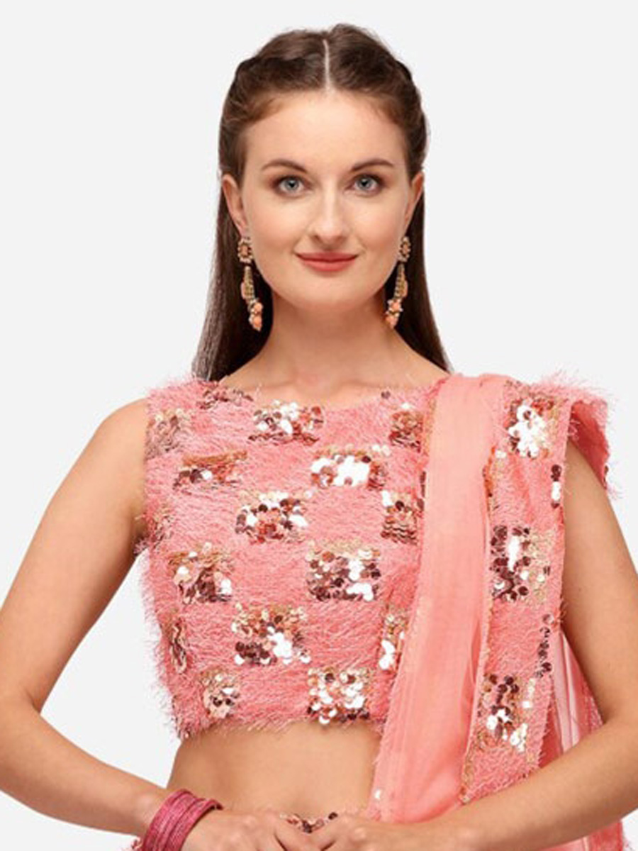 Salmon Pink Blended Silk Embroidered Party Lehenga Choli