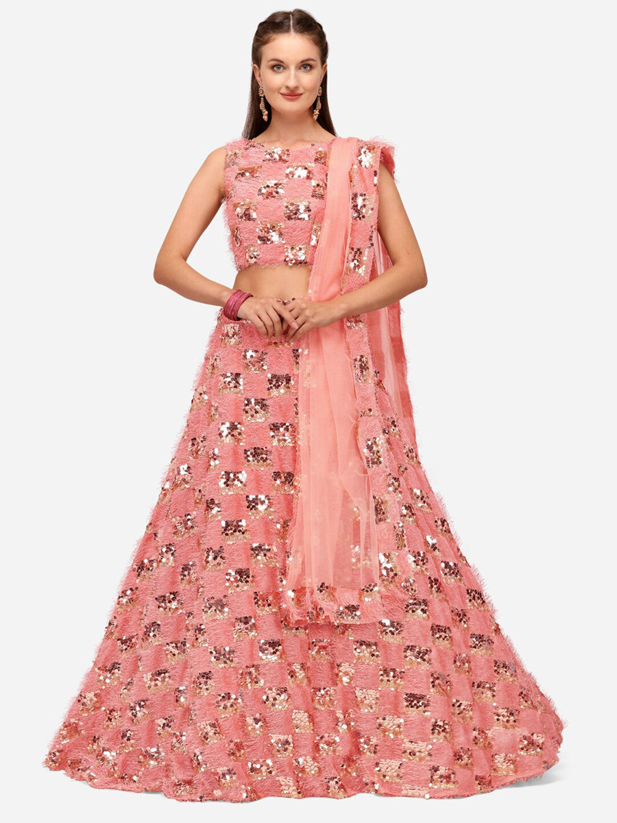 Salmon Pink Blended Silk Embroidered Party Lehenga Choli
