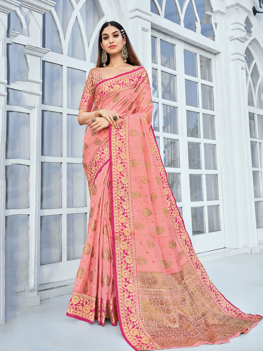 Salmon Pink Cotton Handwoven Festival Saree