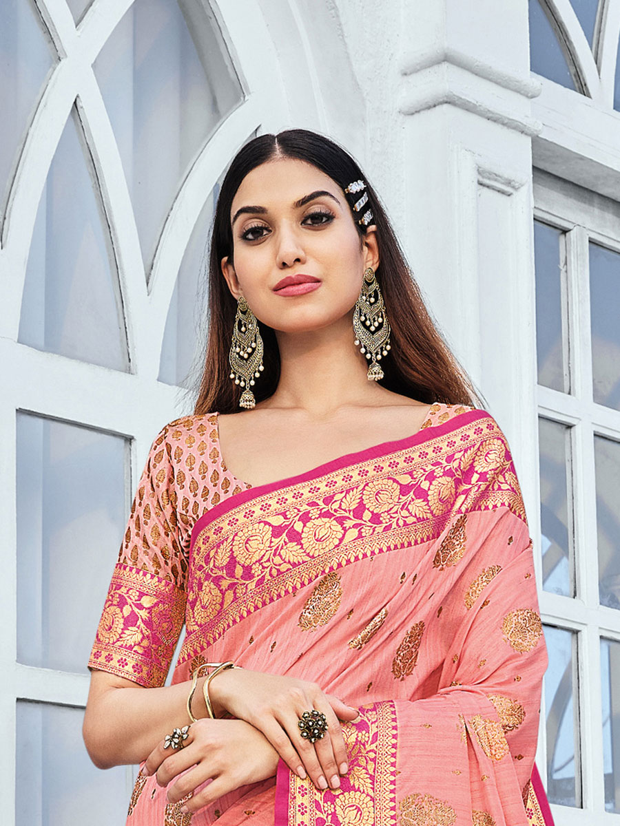 Salmon Pink Cotton Handwoven Festival Saree