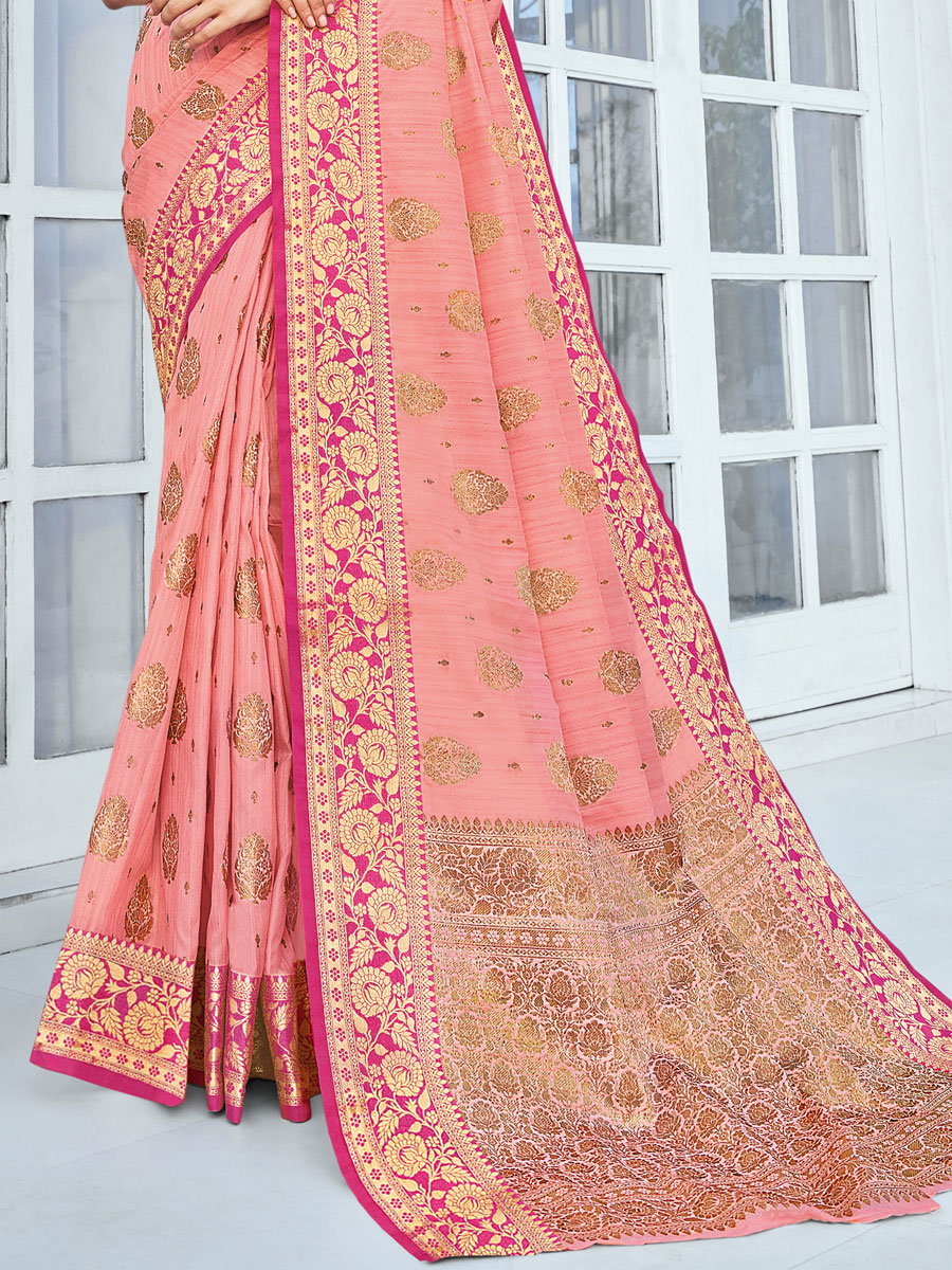 Salmon Pink Cotton Handwoven Festival Saree