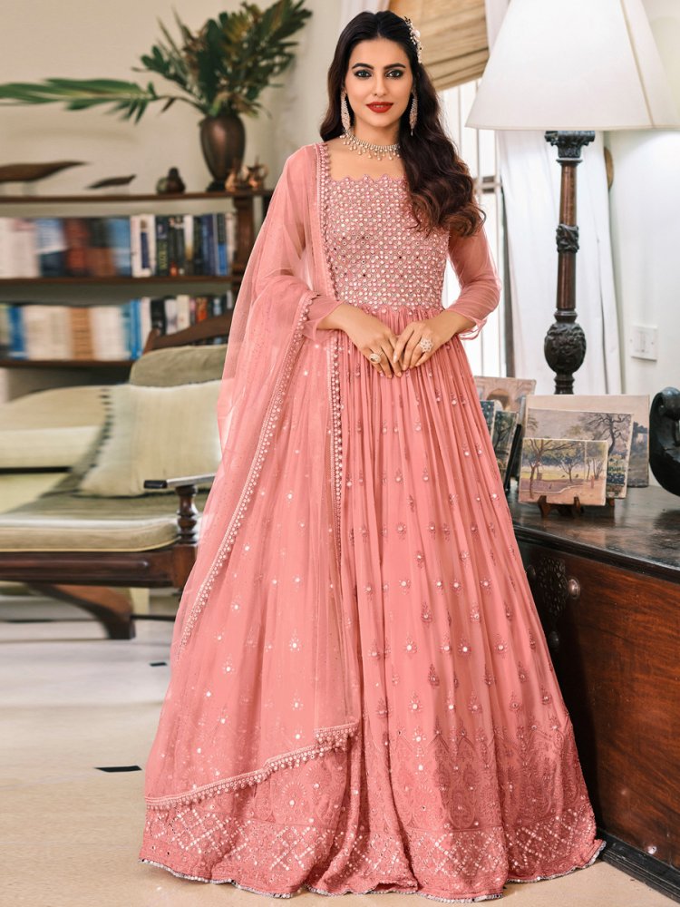 Salmon Pink Faux Georgette Embroidered Party Lawn Kameez