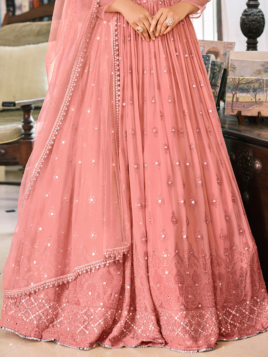 Salmon Pink Faux Georgette Embroidered Party Lawn Kameez